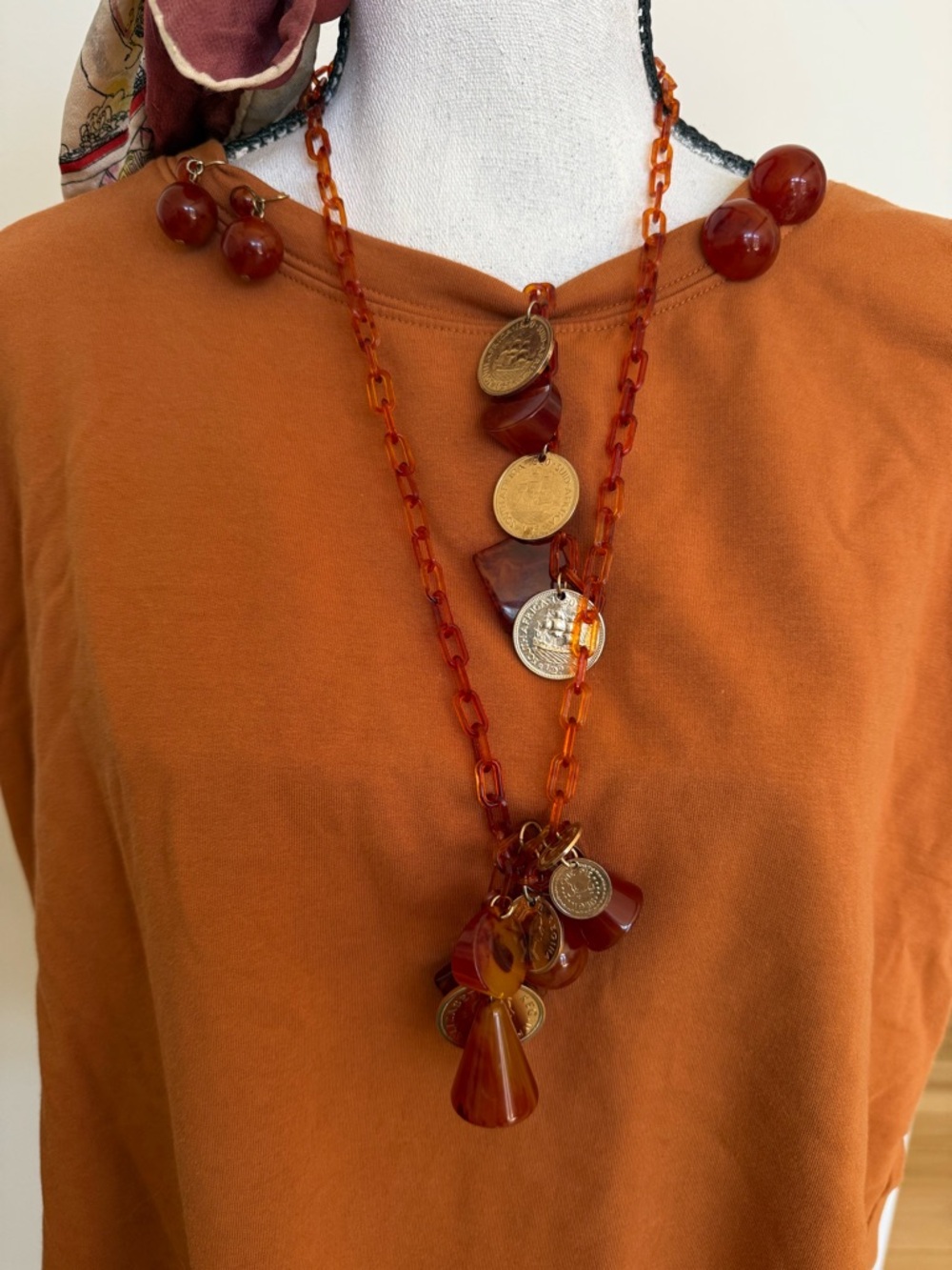 Vintage lucite?  Coin Pendant Necklace - Women Jewelry amber color
